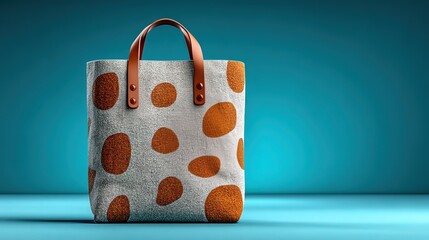 Woven tote bag with orange polka dots, brown leather handles and rivet decorations, placed against a blue - green gradient background, showing a fashionable and personalized style with lively design