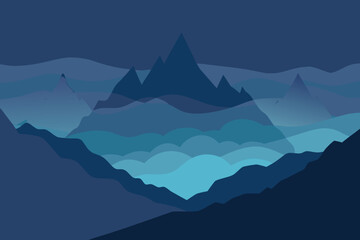 Mystical glowing mountain valley peaks with drifting fog vector illustration