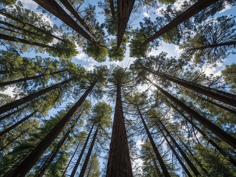  giant sequoia trees reaching toward the sky., Towering redwood reaches towards the sky,Redwood trees reaching the sky