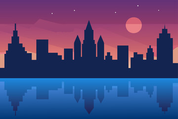 Fototapeta premium Twilight cityscape silhouette reflection calm river serene urban ambiance vector illustration