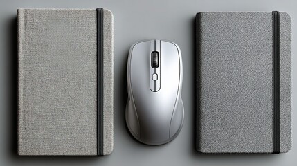 Silver wireless mouse placed between two gray textured notebooks, against a clean light gray background, presenting a practical and minimalist digital product combination in an office scene