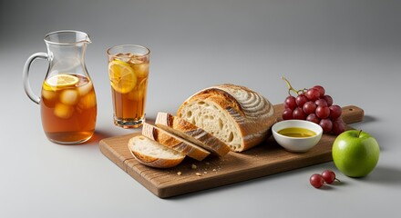 Rustic Still Life: Bread, Tea, and Fruit