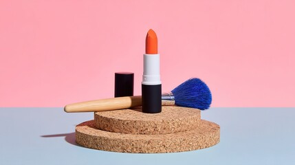 Orange lipstick and blue makeup brush displayed on cork mat, pink - blue contrast background creating fresh and fashionable beauty display atmosphere
