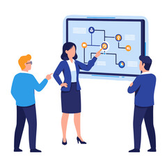 Business Presentation: An illustration showcasing a collaborative meeting where a businesswoman, smartly dressed, leads a presentation using a digital display with other colleagues.