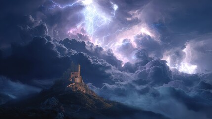 Mystical Castle Under Lightning Storm with Magical Energy Overhead