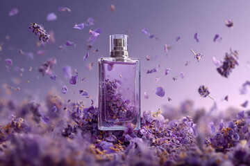 A bottle of lavender perfume surrounded by falling purple petals, with a gradient background and soft lighting. the scene is captured in a high-definition photographic style,