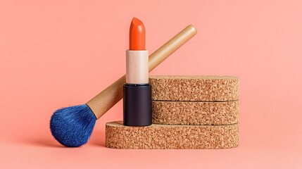 Orange lipstick and blue makeup brush placed on stepped cork base against pink - orange background, creating fresh and fashionable beauty scene and highlighting product display