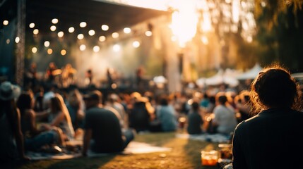 Outdoor Music Concert Audience Sitting on Grass During Sunset with Stage Lighting