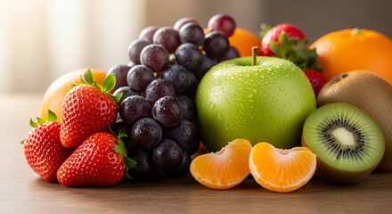 A vibrant collection of fresh fruits, including juicy strawberries, plump grapes, a crisp green apple, and zesty citrus fruits, artfully arranged on a rustic wooden table.
