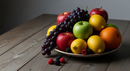 Vibrant Fruit Bowl on Rustic Wood Table