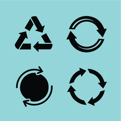 Fototapeta premium Recycling Symbol Set – 4 Vector Icons Featuring Circular and Triangular Arrows on Light Blue Background for Eco and Sustainability Design