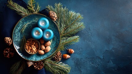 Blue plate with burning blue candles, nuts, kernels, and surrounded by pine branches and cones against dark background, creating holiday table or cozy home scene