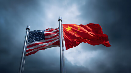 The american and chinese flags waving in front of a stormy sky