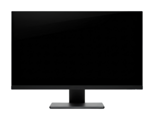 Modern computer monitor displaying black screen office desk digital technology indoor workspace straight minimalist isolated PNG