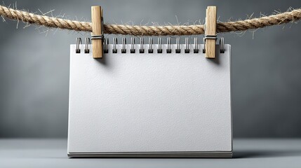 Blank spiral calendar hanging on rough hemp rope with wooden clips, minimalist background highlighting empty, plan - ready state, symbolizing planning and new beginnings