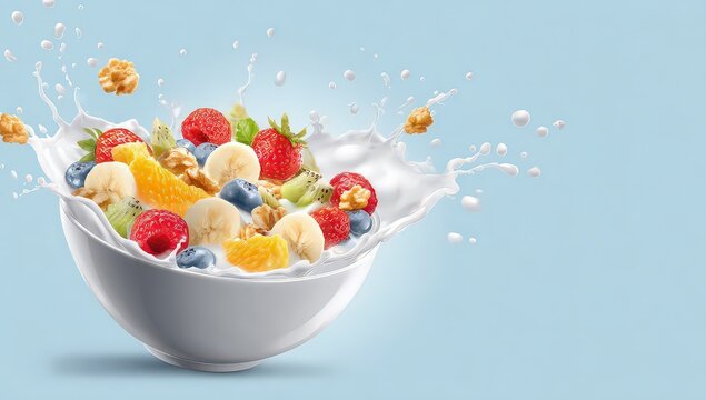 Colorful Fruit Cereal Bowl With Milk Splash