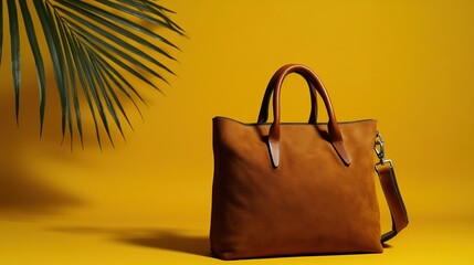 Brown handbag with leather handles and green palm leaf on yellow background, highlighting fashion and texture, creating minimalist stylish display atmosphere