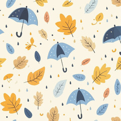 Playful autumn scatter background with umbrellas, raindrops and falling leaves, seamless cozy pattern perfect for kids crafts, wrapping, and seasonal printable projects.