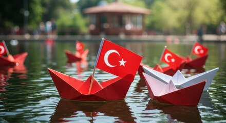 Turkish Flags on Paper Boats Floating on Water