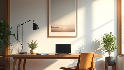 Fototapeta premium Peaceful home office, minimalist design, Japanese aesthetic, organized desk, clean workspace, natural light, productive environment, serene atmosphere, modern simplicity, focused workflow, thoughtful 