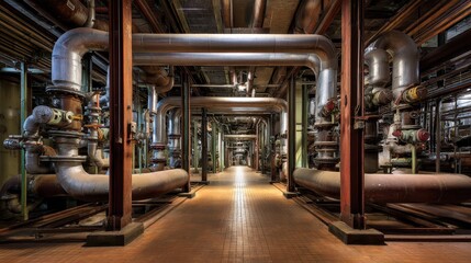 Fototapeta premium Industrial Room Filled with Thick Metal Pipes and Machinery