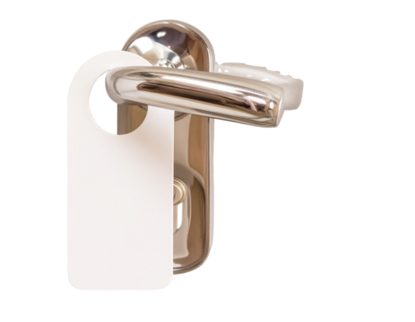 Chrome Door Handle with Blank White Door Hanger, Front View, isolated on transparent background png - Powered by Adobe