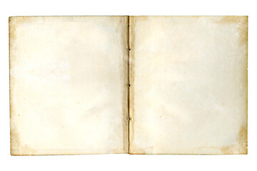 old open book with discolored blank pages and broken binding isolated on white