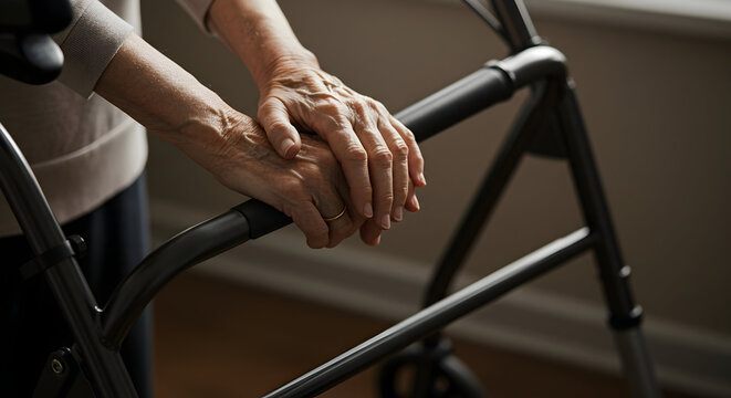 Close Up Of Elderly Hands Resting On Walker As A Symbol Of Support And Independence For Senior Mobility And Rehabilitation In A Loving Environment - Powered by Adobe