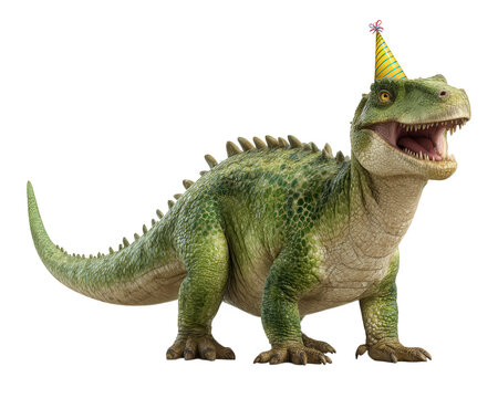 Cheerful dinosaur with green scales wearing yellow party hat, smiling and standing on transparency background, perfect for celebration or birthday themes, playful and fun mood