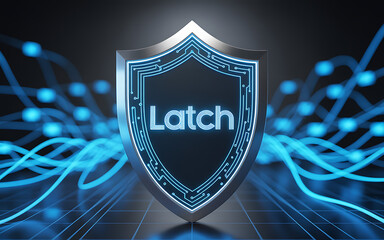 Photo of cyber security shield with latch logo and digital circuit lines, representing data protection, network safety, and internet security concept