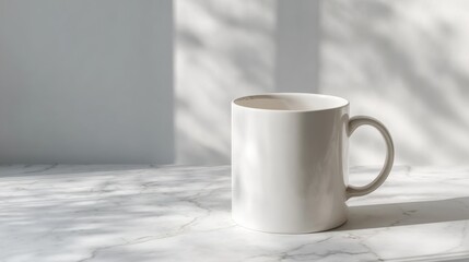 Simple Ceramic Mug: A blank, pristine ceramic mug rests on a marble surface, bathed in soft, natural light, creating a sense of calm and cleanliness, perfect for branding or minimalist design.