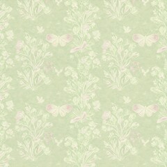 Soft Green Floral Pattern with Butterflies.