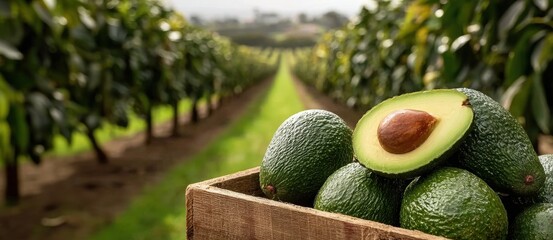 Avocado harvest thrives in a verdant grove under cloudless skies, concept of bountiful agriculture.