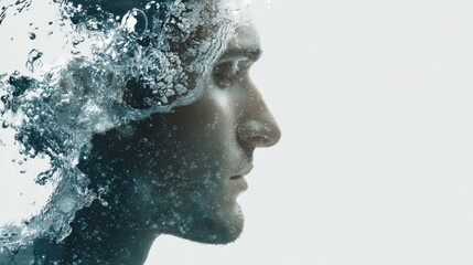 Serene Silhouette: A man's profile merges with swirling water, evoking a sense of calm and introspection against the bright daylight. 