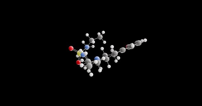 Quinagolide molecule, rotating 3D model of selective dopamine d2 receptor agonist, looped video on a black background