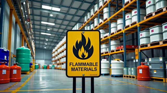 Industrial warehouse interior with stacked barrels and safety sign warning of flammable materials under bright lights