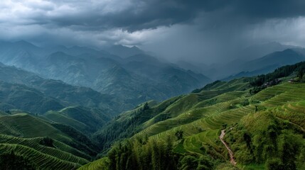 Naklejka premium Dramatic Monsoon Clouds Over Lush Rice Terraces in Mountain Landscape