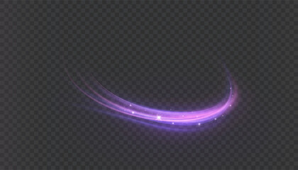Curved purple light trail with bright energy flow and smooth glowing arc on transparent background. Dynamic vector light effect for futuristic design, game interface, visual effects.