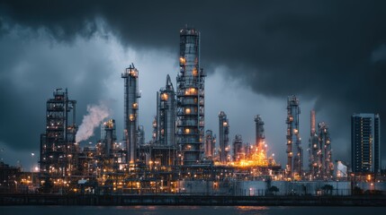 Moody Refinery Under Stormy Skies with Dramatic Lighting Effects