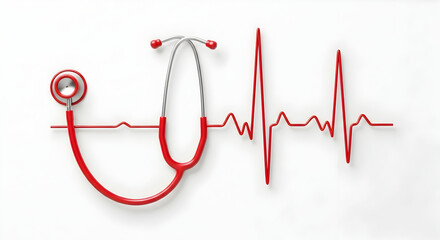 Red Stethoscope Overlaid On An EKG Line Representing Heartbeat Rhythm And Medical Care In A Clean Modern Healthcare Concept
