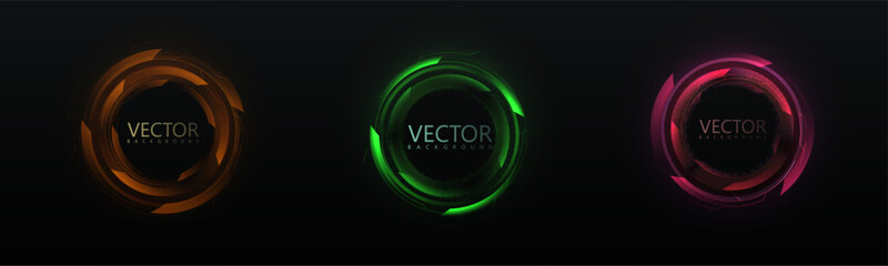 Set of abstract circular portal effects with bright holographic technology effect. Vector effect for design on dark background.