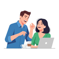 Fototapeta premium Joyful Collaboration in the Workplace: A smiling man and woman sharing a moment, collaborating in the office with a coffee cup and laptop in a dynamic flat vector style.