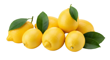 Fresh, vibrant lemons with green leaves, perfect for summer recipes, healthy eating, juice advertisements, or culinary blog posts, isolated on white & transparent background.