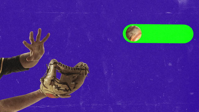 Creative poster of baseball player stretching arm with glove to catch ball flying with neon glowing trail. Concept of sport action, focus, competition, determination, teamwork and success.
