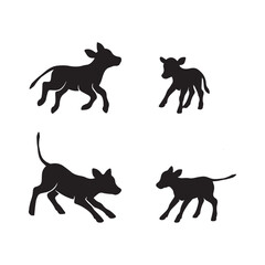 A group of cows and calves in playful poses in silhouette style on a white background