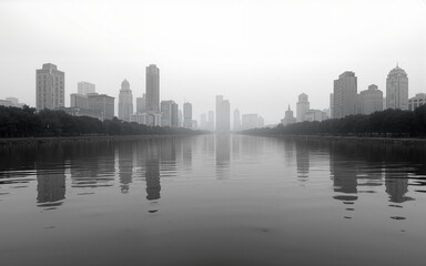 Obraz premium Monochromatic city reflected in rippling water. High quality