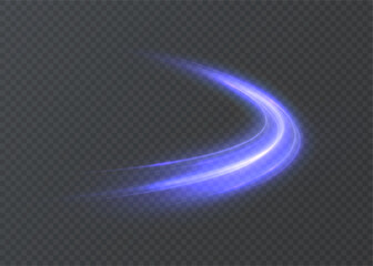 Bright purple light trail with glowing curved stream and sparkling light glare, isolated vector light effect on transparent background.