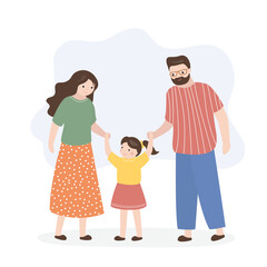 Obraz premium Cute little girl with mom and dad together. Caucasian people, parents with beauty daughter. Family portrait.