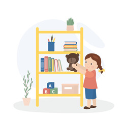 Happy child puts toys and books on the shelf. Cleaning the children's room. Little girl helps parents to clean and tidy the house. Fun and happy childhood