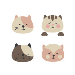 Fototapeta premium Cat pet head, domestic animal faces icon set. Fluffy kitten. Cute cartoon funny kitty characters isolated on white background.